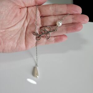 **Final Sale** Pearl Sheet Branch Necklace Hanging Charm Silver Tone 20 To 22"